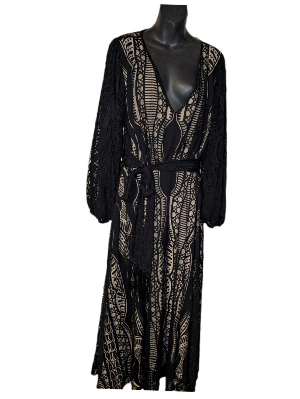 FARM Rio Black and Beige Patterned Lace-Overlay Maxi Dress